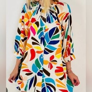 Tabitha Multicolor Tropical Print Long Sleeve Shirt Dress Size Large